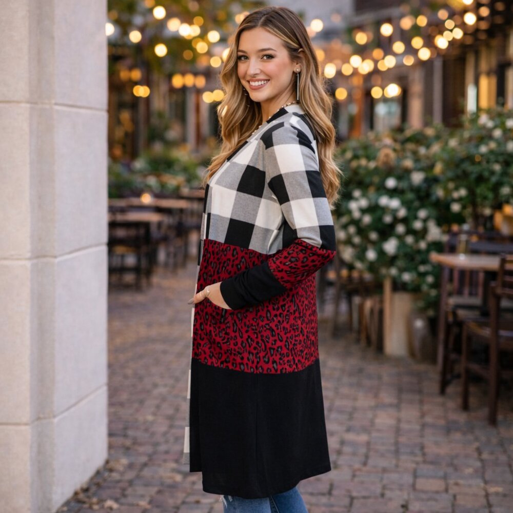 BOHO MultiColor Plaid Cardigan Duster Topper - Picture 2 of 6